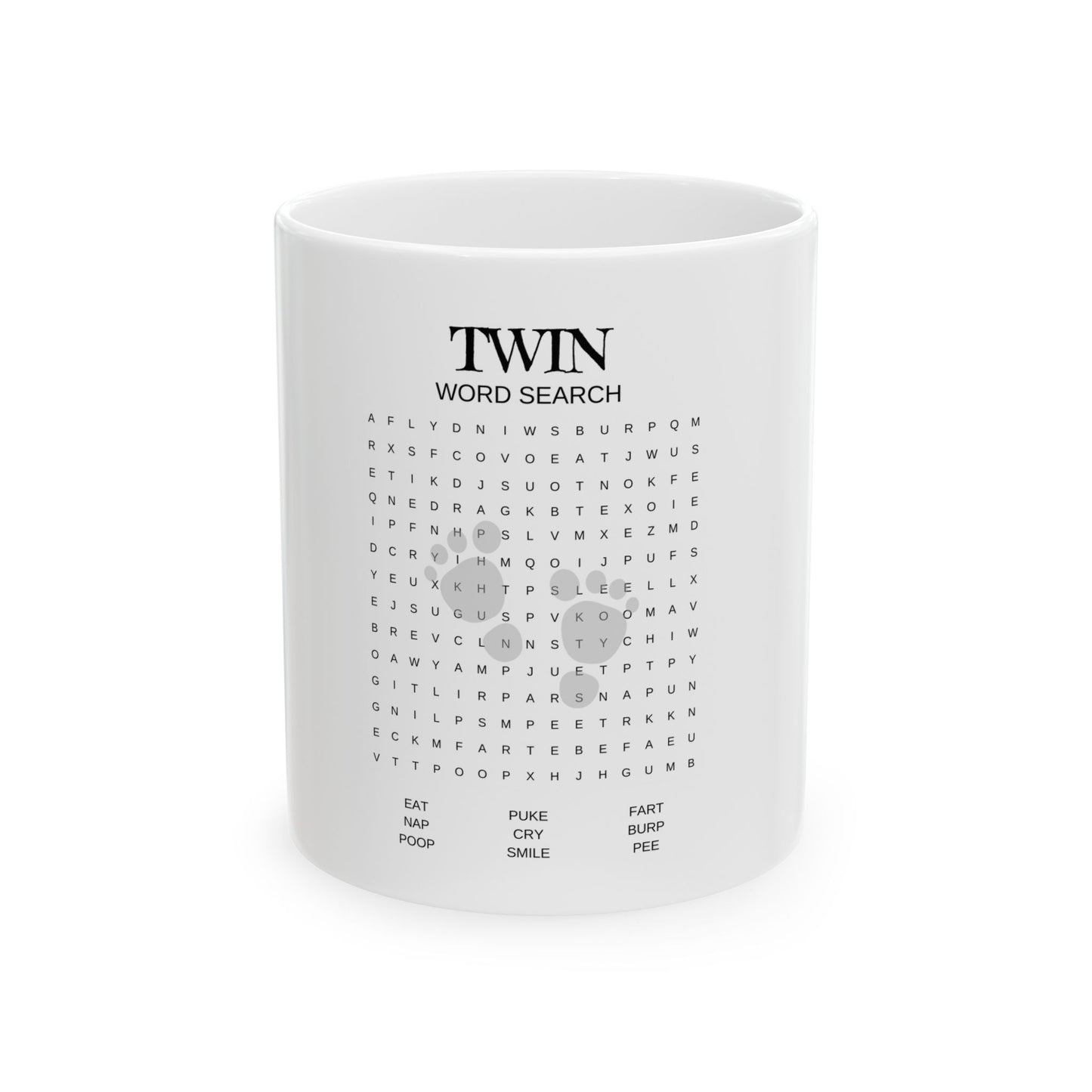 Unisex Twin Gift- Funny Ceramic Mug- Word Search Design - Perfect Gift for Twin Parents