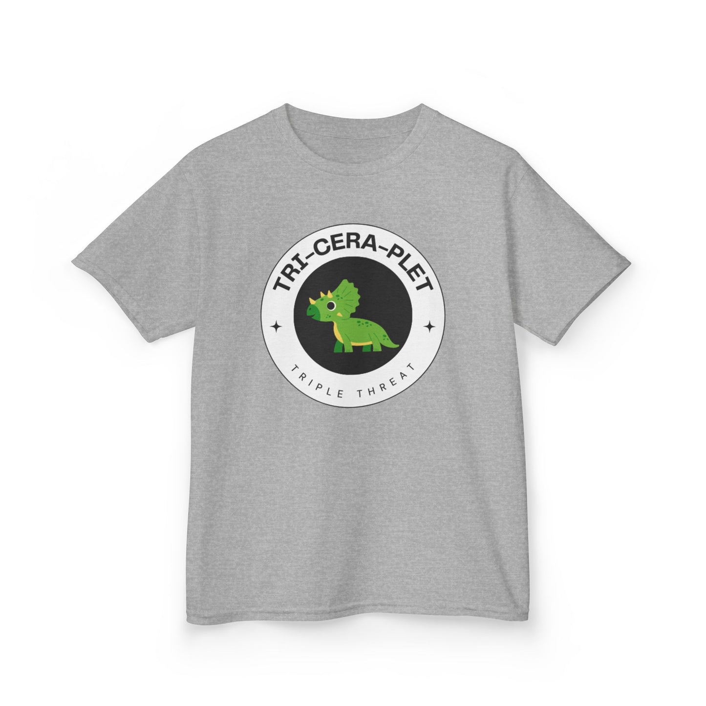 Tri-Cera-Plet Young Kids T-Shirt - Fun Dino Graphic T-Shirt for Triplets