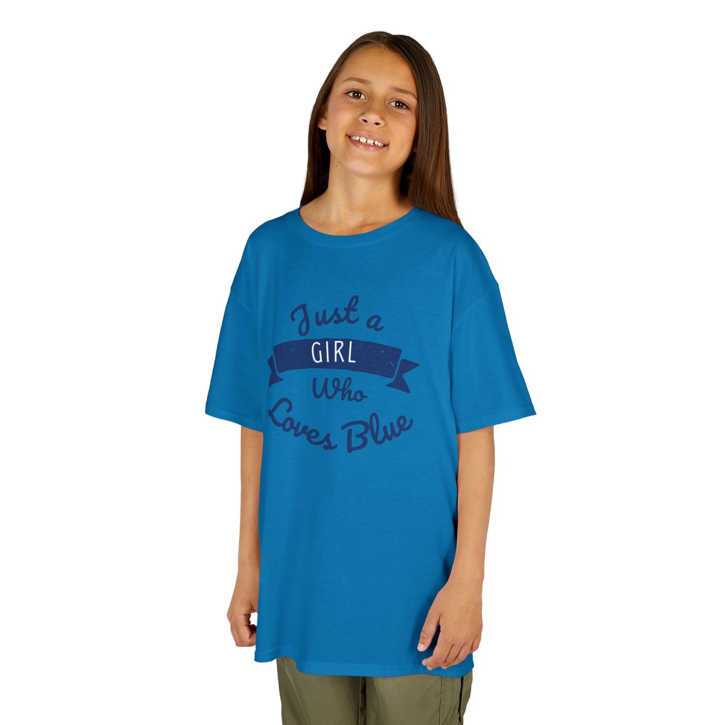 Just a Girl Who Loves Blue Kids Heavy Cotton Tee - Cute Comfortable T-Shirt for Young Girls