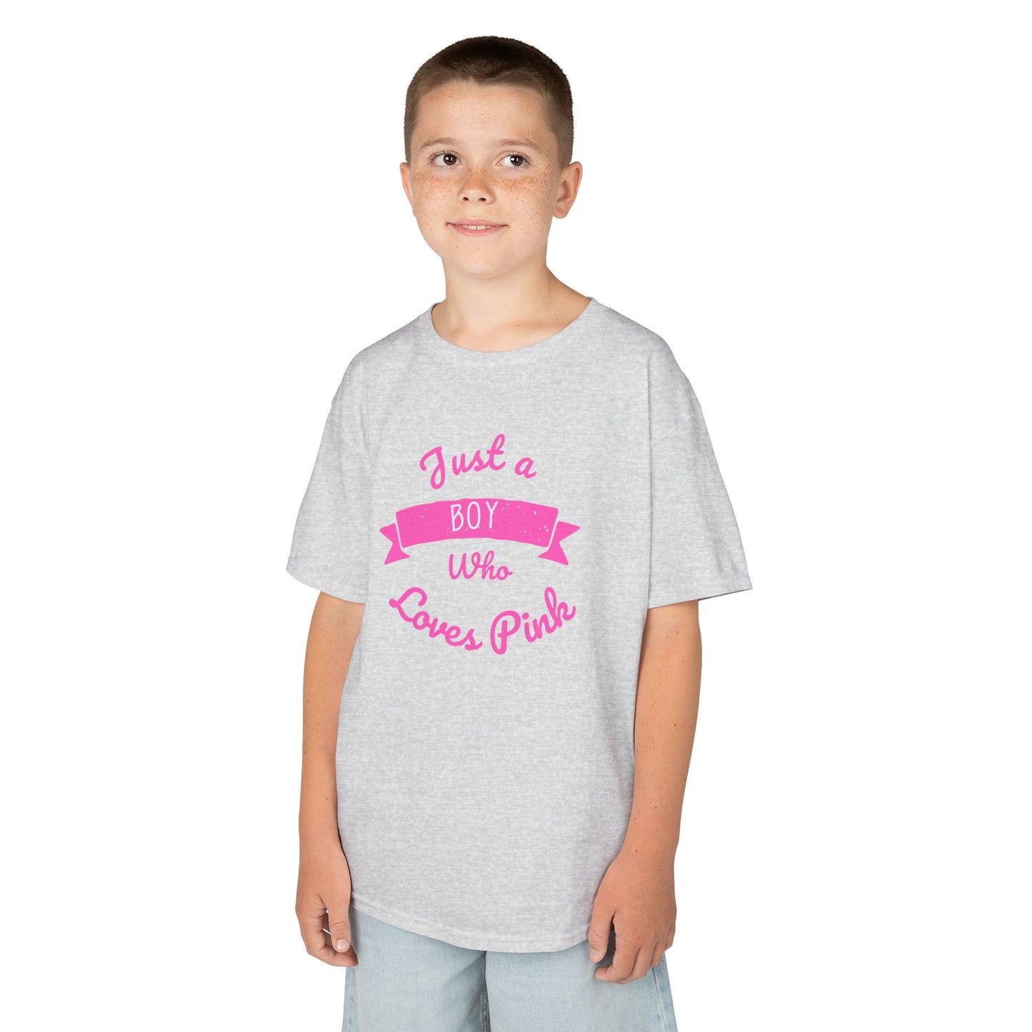 Just a Boy Who Loves Pink Kids Heavy Cotton Tee - Fun T-Shirt for Boys, Great for Birthdays and Celebrations