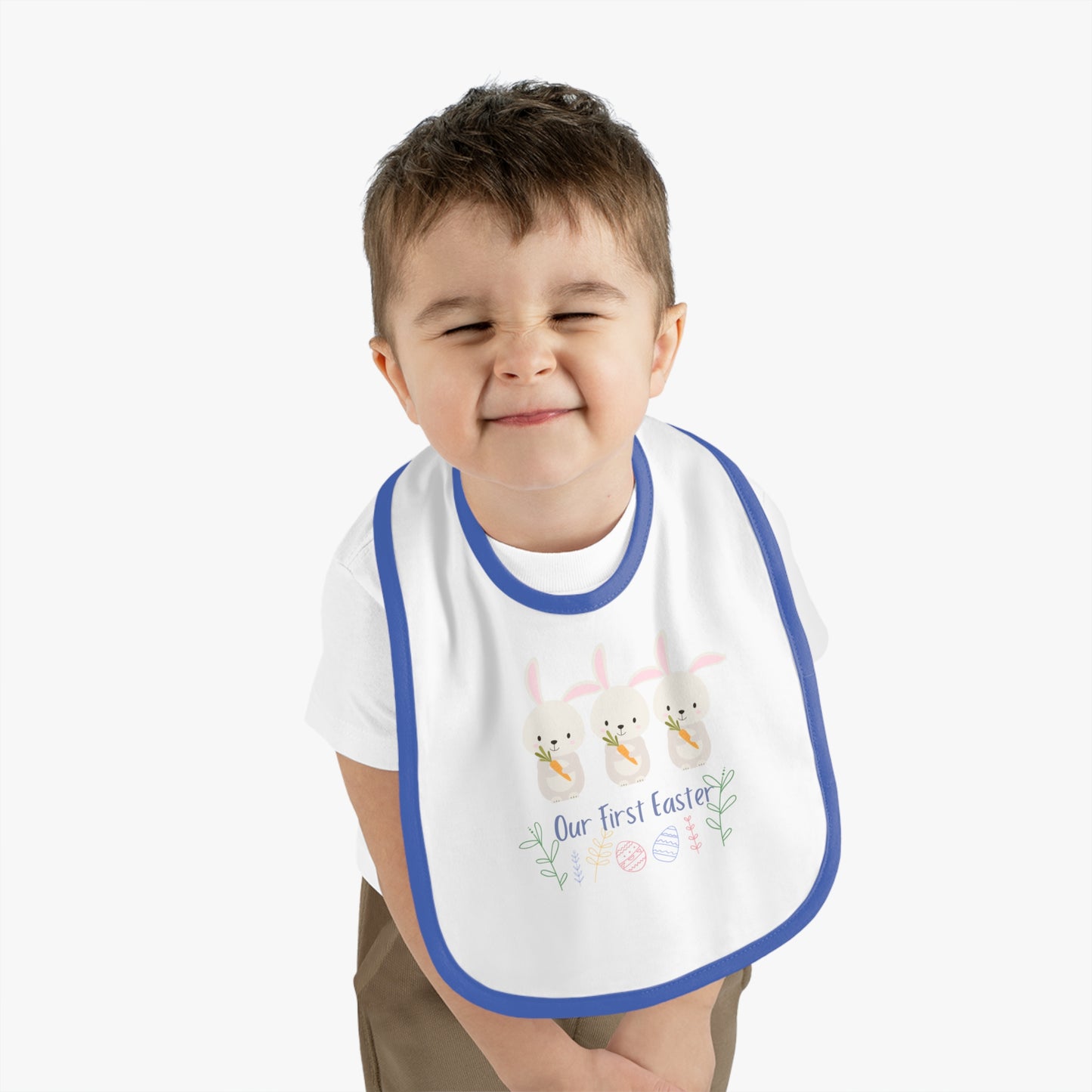 Our First Easter Triplet Baby Bib - Adorable Contrast Trim Jersey Bib for Special Celebrations