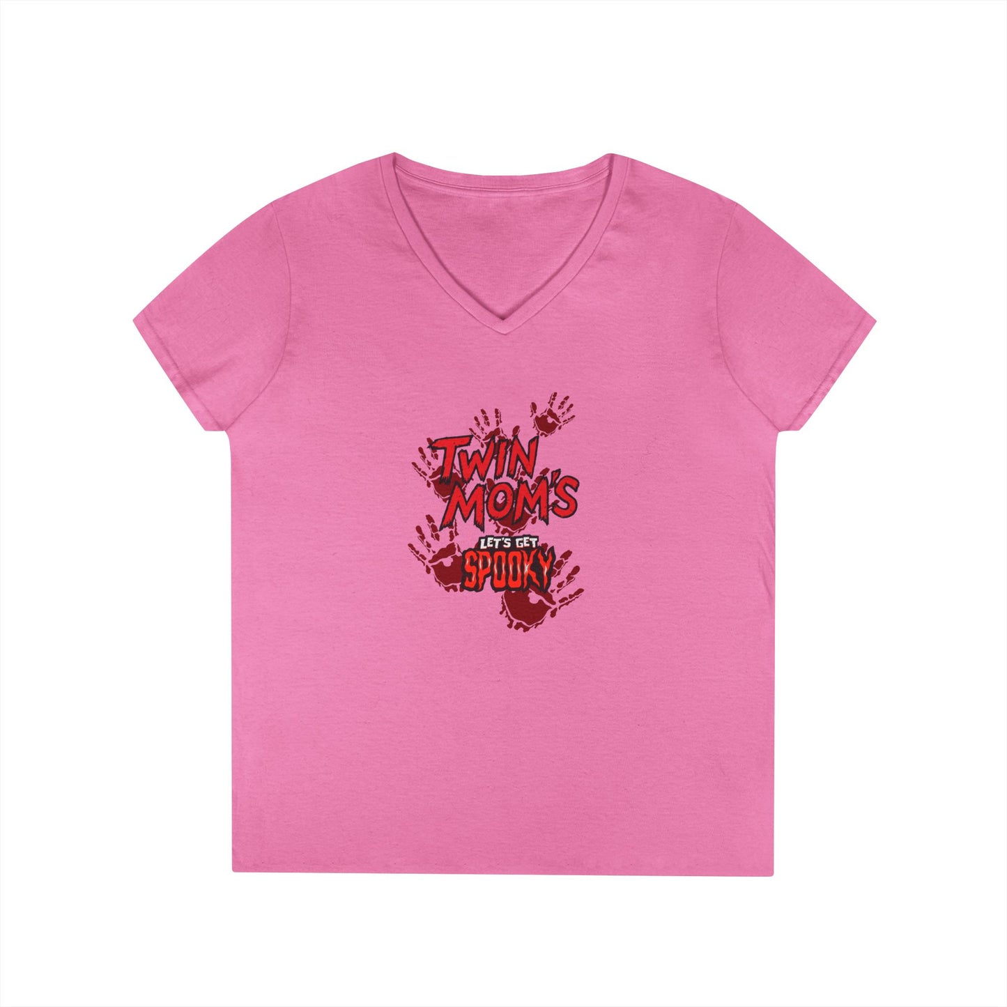 Twin Moms Get Spooky V-Neck Tee — Halloween Graphic T-Shirt for Twin Moms
