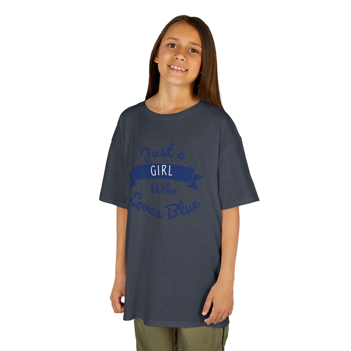 Just a Girl Who Loves Blue Kids Heavy Cotton Tee - Cute Comfortable T-Shirt for Young Girls