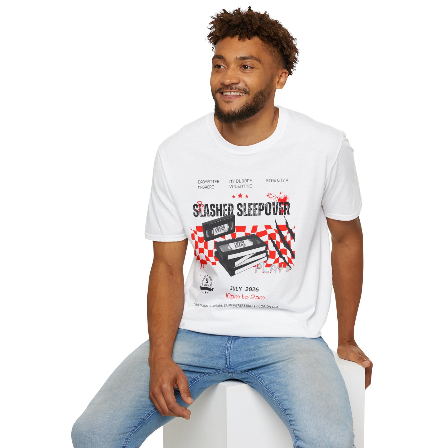 Slasher Sleepover Horror Movie Tee — Retro VHS Blood Splatter Design