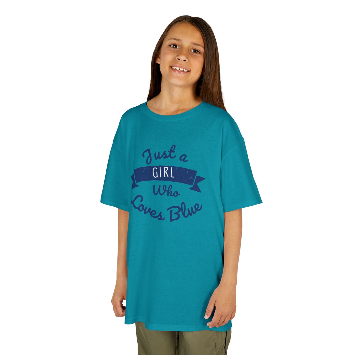 Just a Girl Who Loves Blue Kids Heavy Cotton Tee - Cute Comfortable T-Shirt for Young Girls