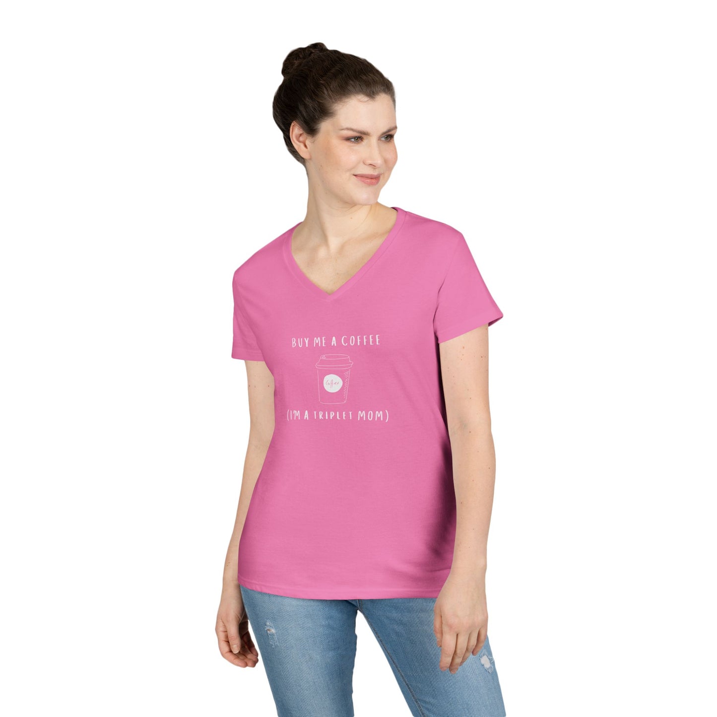 Triplet Mom Outfit- V-Neck T-Shirt - Buy Me a Coffee, I'm a triplet mom- funny t-shirt