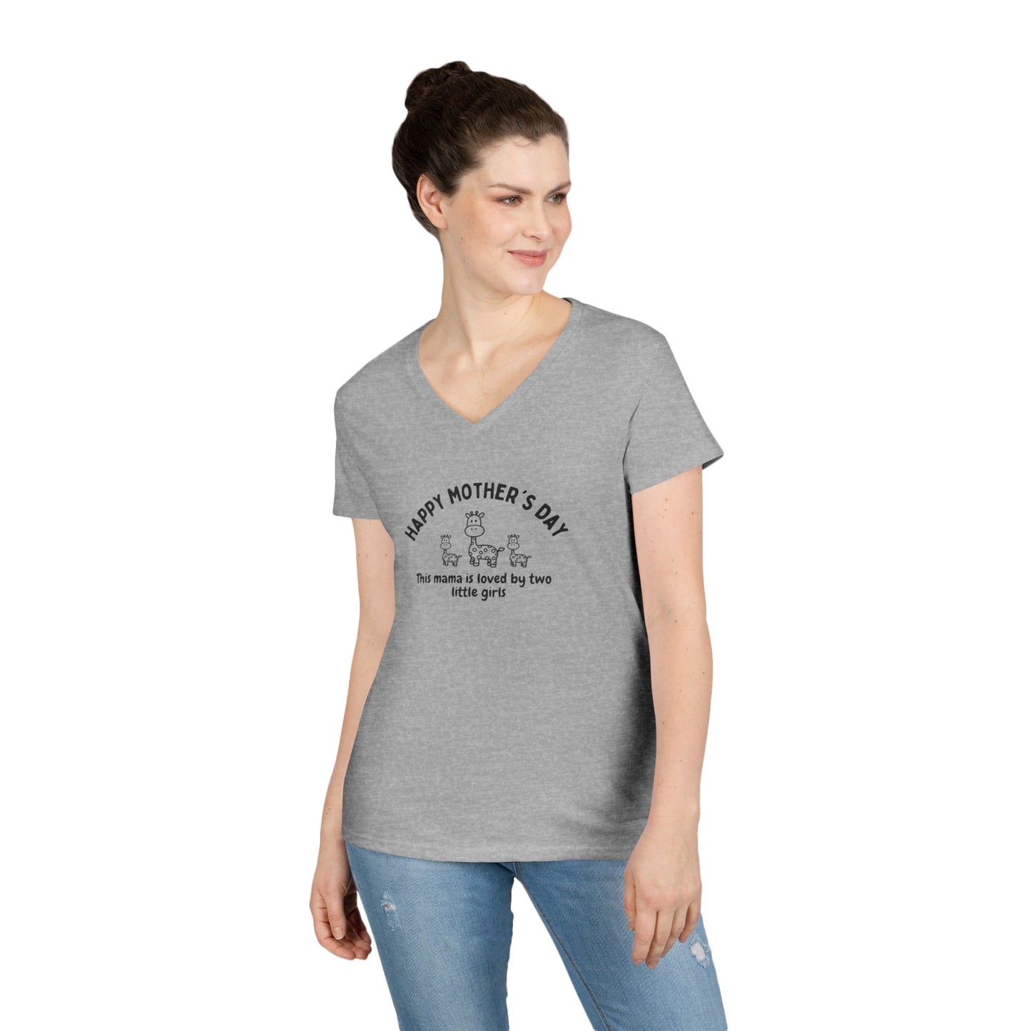 "Happy Mother's Day- This Mama is loved by two little girls"- V-Neck T-Shirt for Twin Girl Mamas