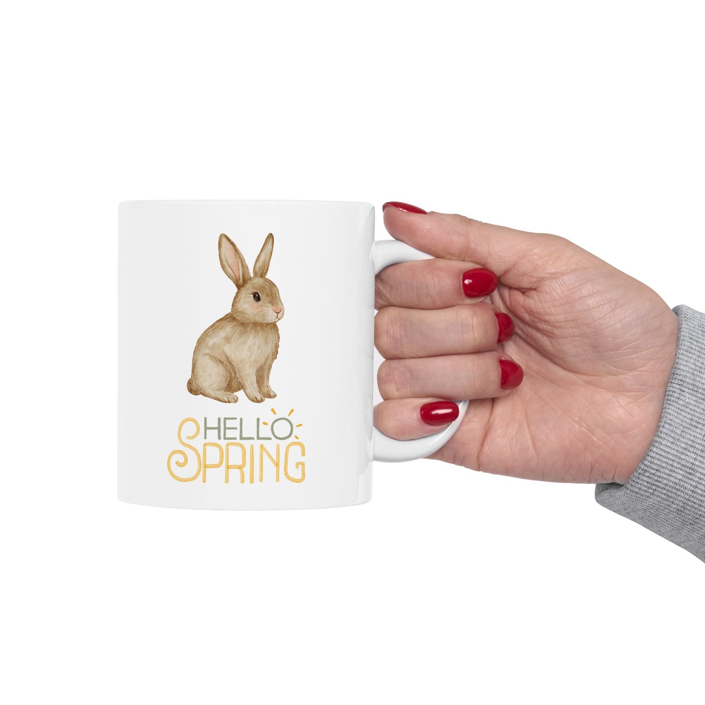 Hello Spring Bunny Ceramic Mug — Cute Watercolor Rabbit Coffee Cup