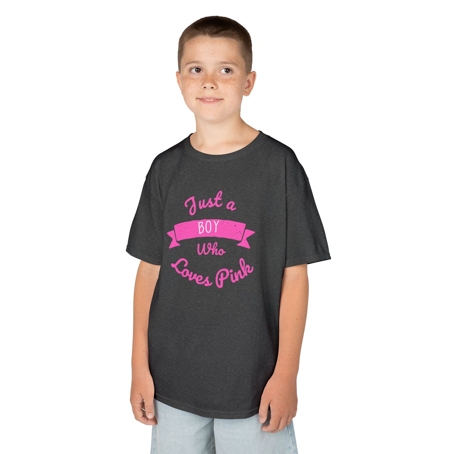 Just a Boy Who Loves Pink Kids Heavy Cotton Tee - Fun T-Shirt for Boys, Great for Birthdays and Celebrations