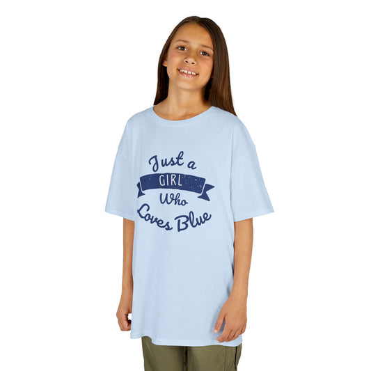 Just a Girl Who Loves Blue Kids Heavy Cotton Tee - Cute Comfortable T-Shirt for Young Girls