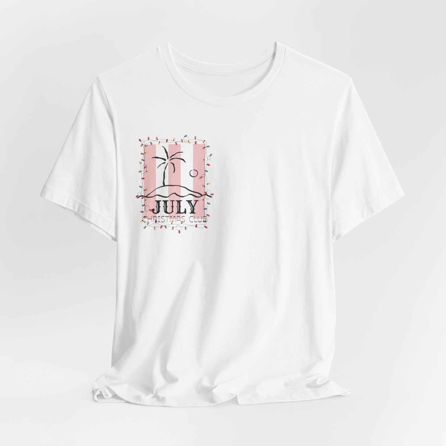 July Christmas Club — Tropical Palm & Holiday Lights Beach Shirt- FRONT AND BACK DESIGN