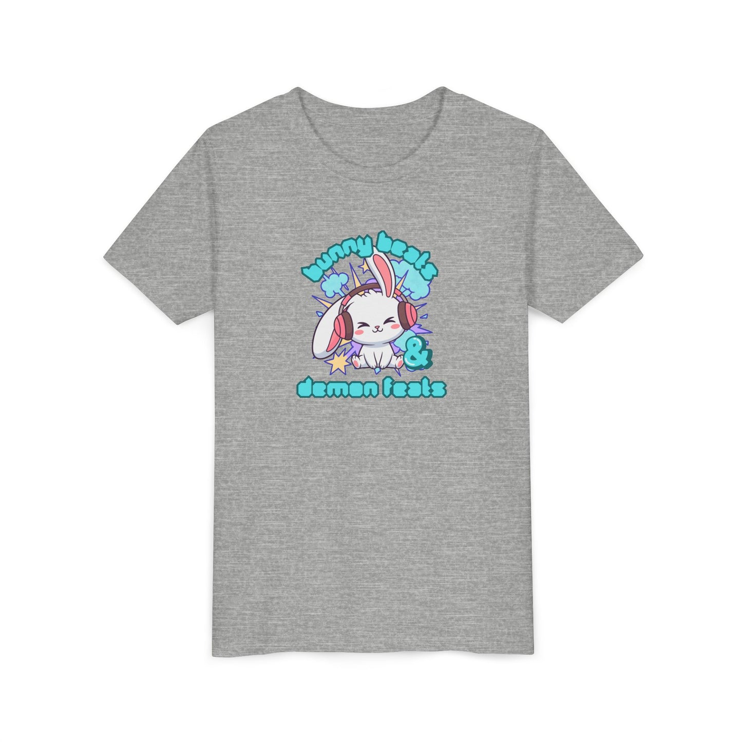 Cute Easter Bunny Headphones Graphic Tee for Young Adults- "Bunny Beats and Demon Feats" Anime K-pop Shirt