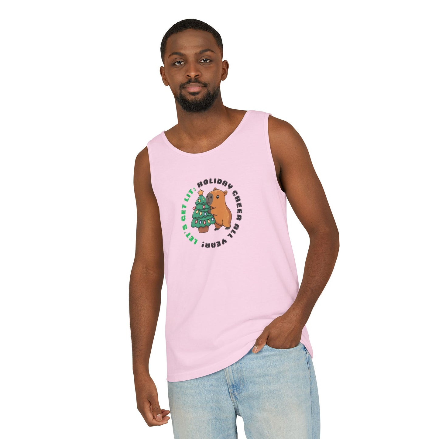 Unisex Holiday Cheer Tank Top — "Get Lit" Christmas Tree & Capybara Graphic