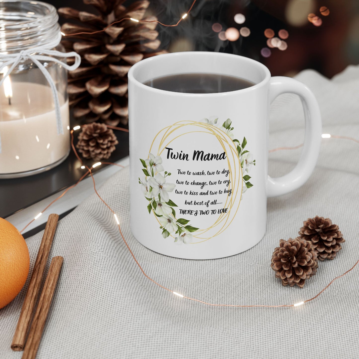 Twin Mama Floral Ceramic Mug — 'Twin Mama' Quote Coffee Cup