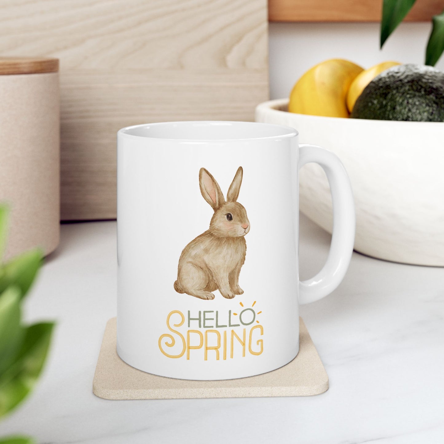 Hello Spring Bunny Ceramic Mug — Cute Watercolor Rabbit Coffee Cup