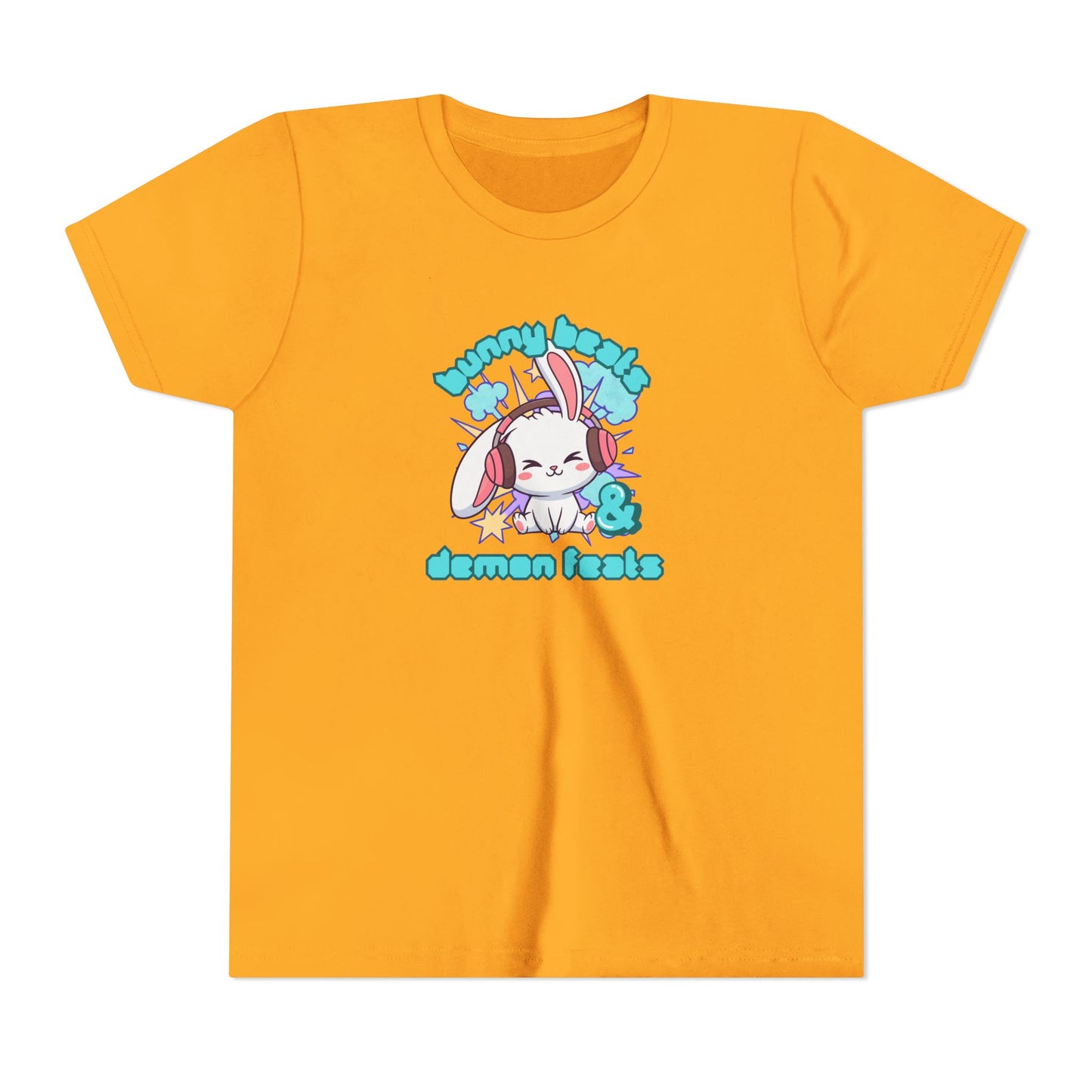 Cute Easter Bunny Headphones Graphic Tee for Young Adults- "Bunny Beats and Demon Feats" Anime K-pop Shirt