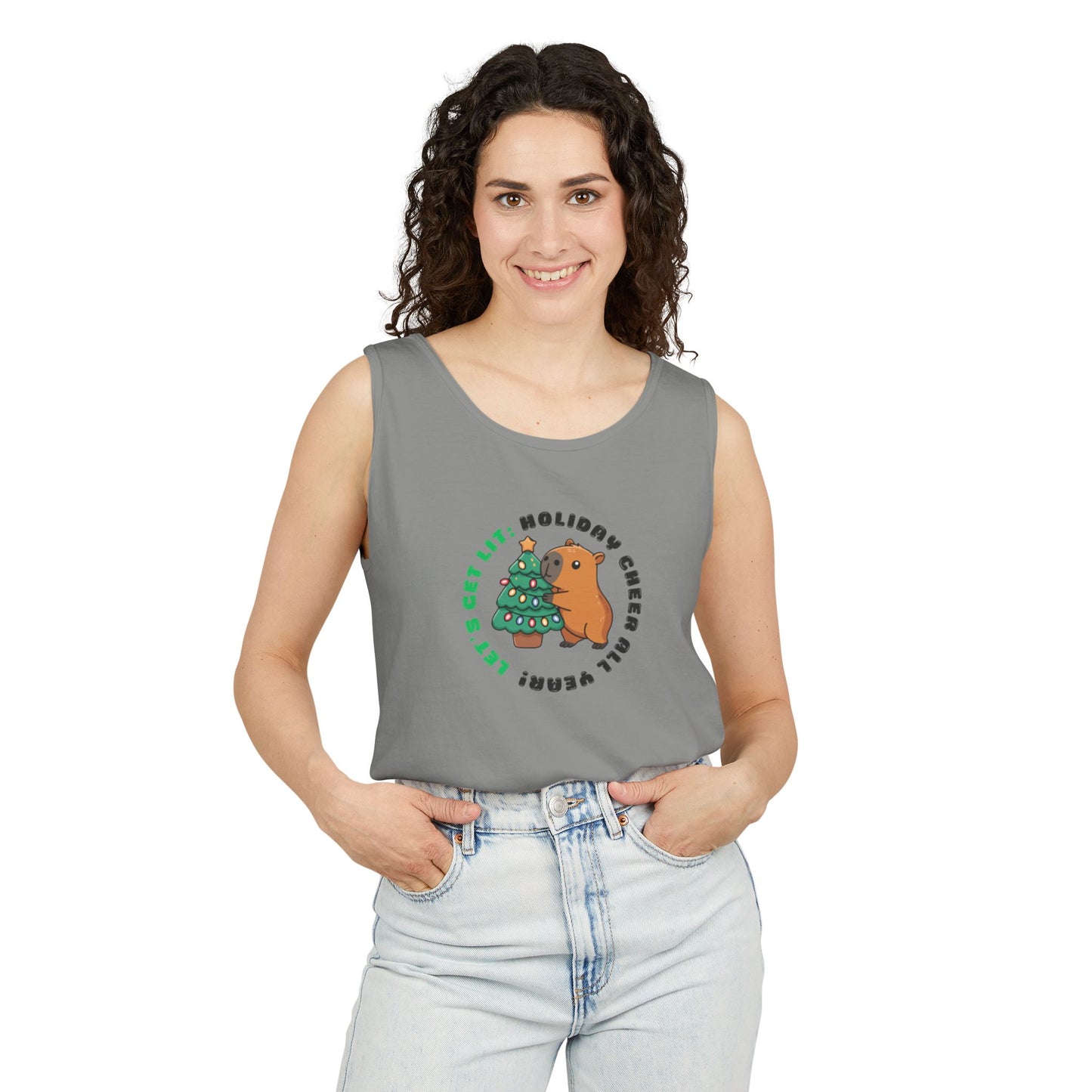 Unisex Holiday Cheer Tank Top — "Get Lit" Christmas Tree & Capybara Graphic
