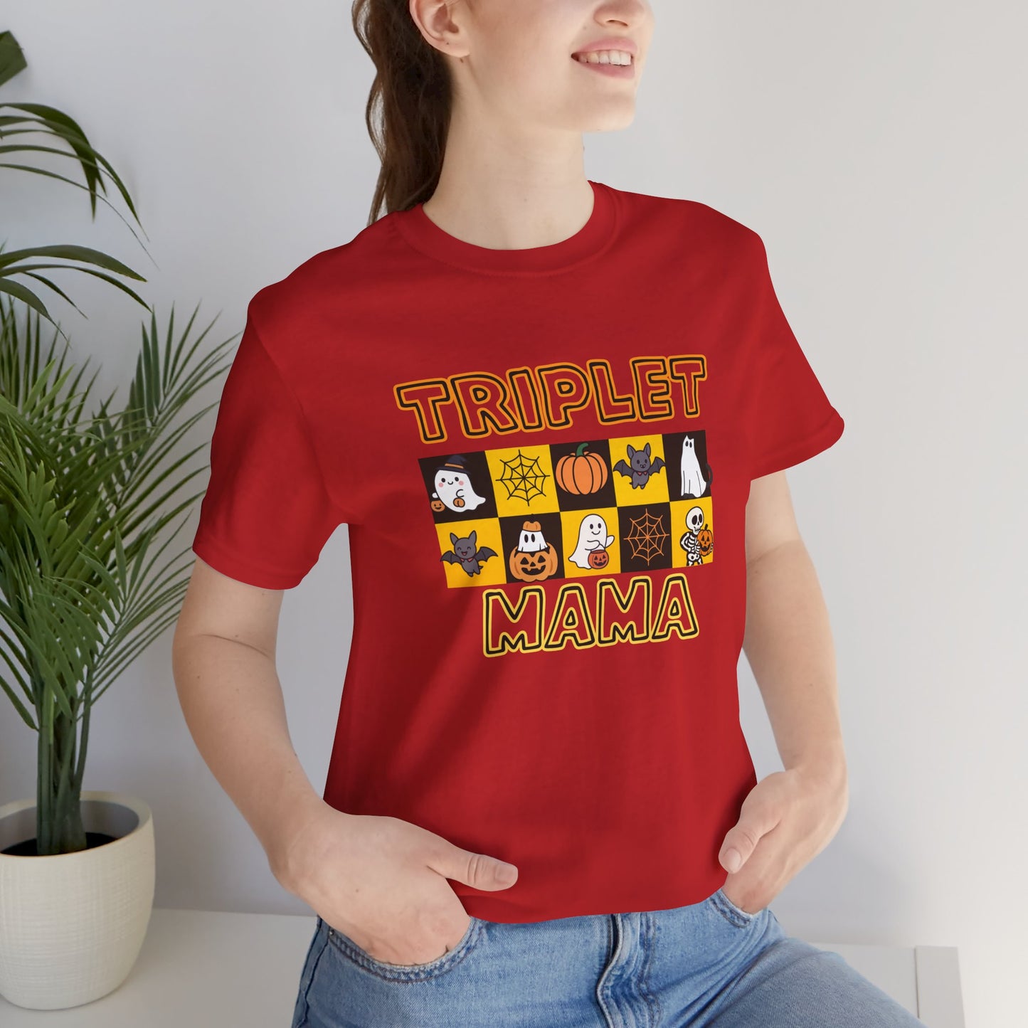 Triplet Mama Halloween Tee — Cute Spooky Mom Shirt with Ghosts & Pumpkins