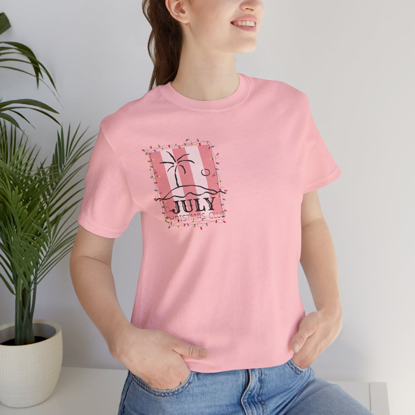 July Christmas Club — Tropical Palm & Holiday Lights Beach Shirt- FRONT AND BACK DESIGN