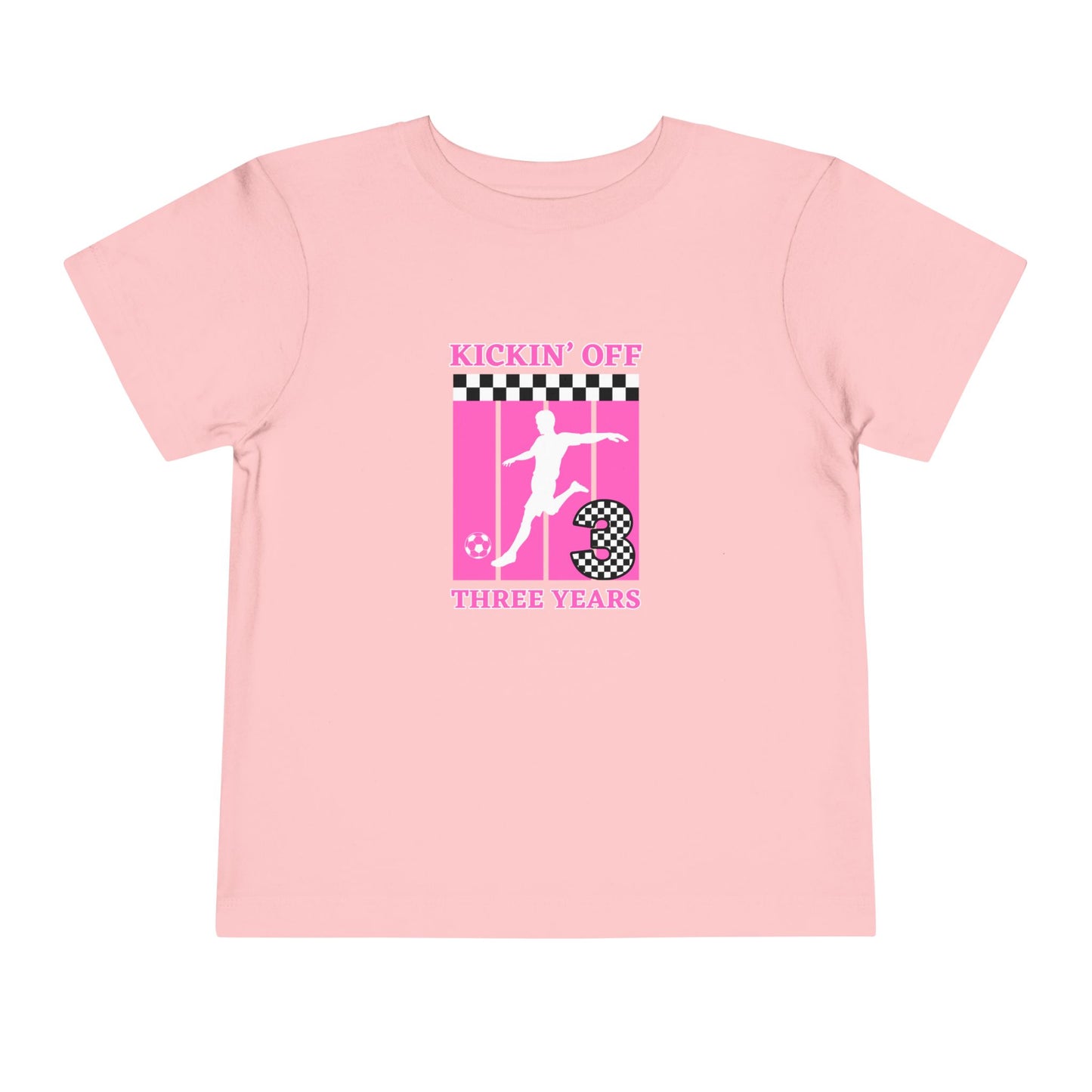 Toddler Girls Soccer Third Birthday Tee — "Kickin' Off Three Years" Pink