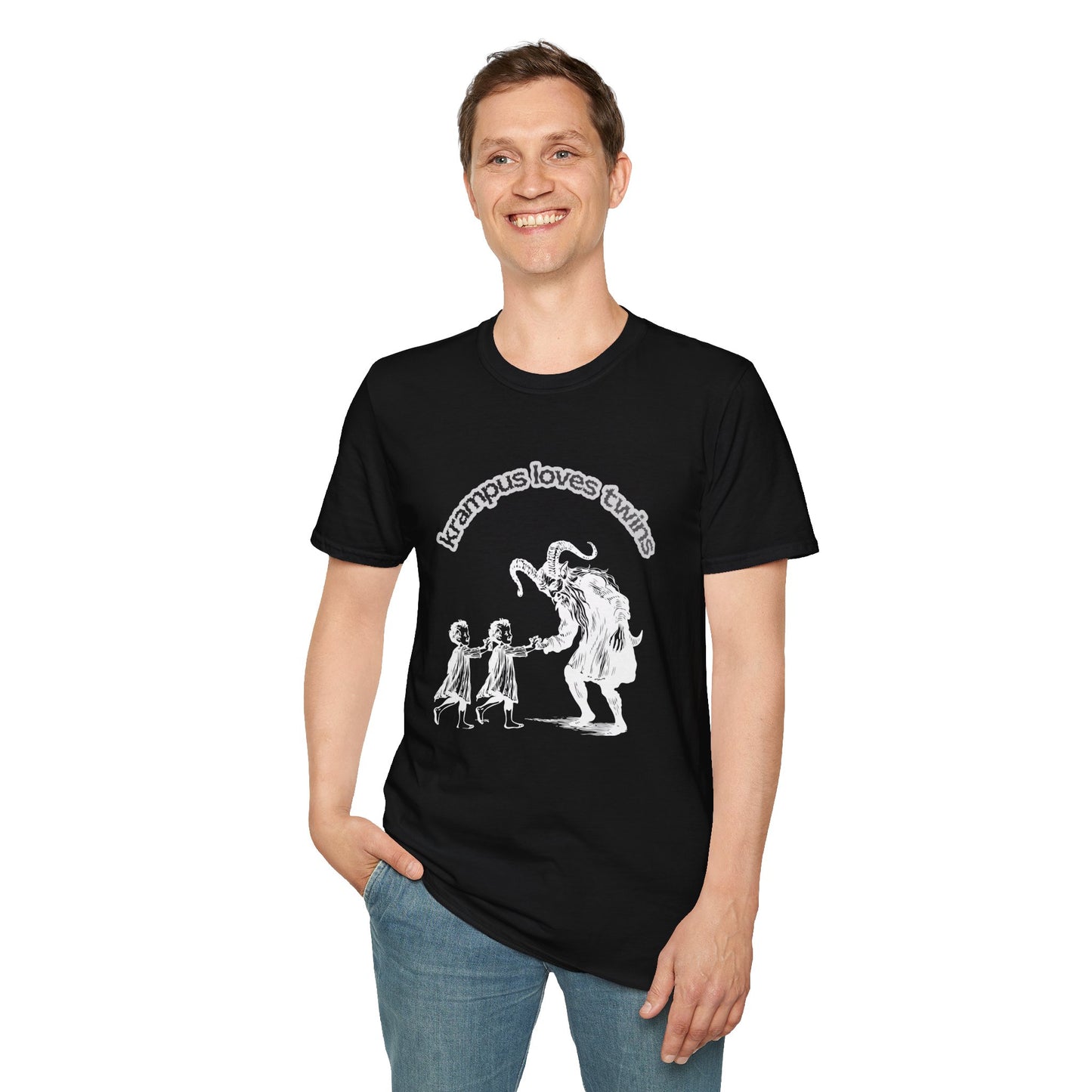 Krampus Loves Twins- Horror Theme Twin Parent Shirt — Funny Gothic Holiday Tee