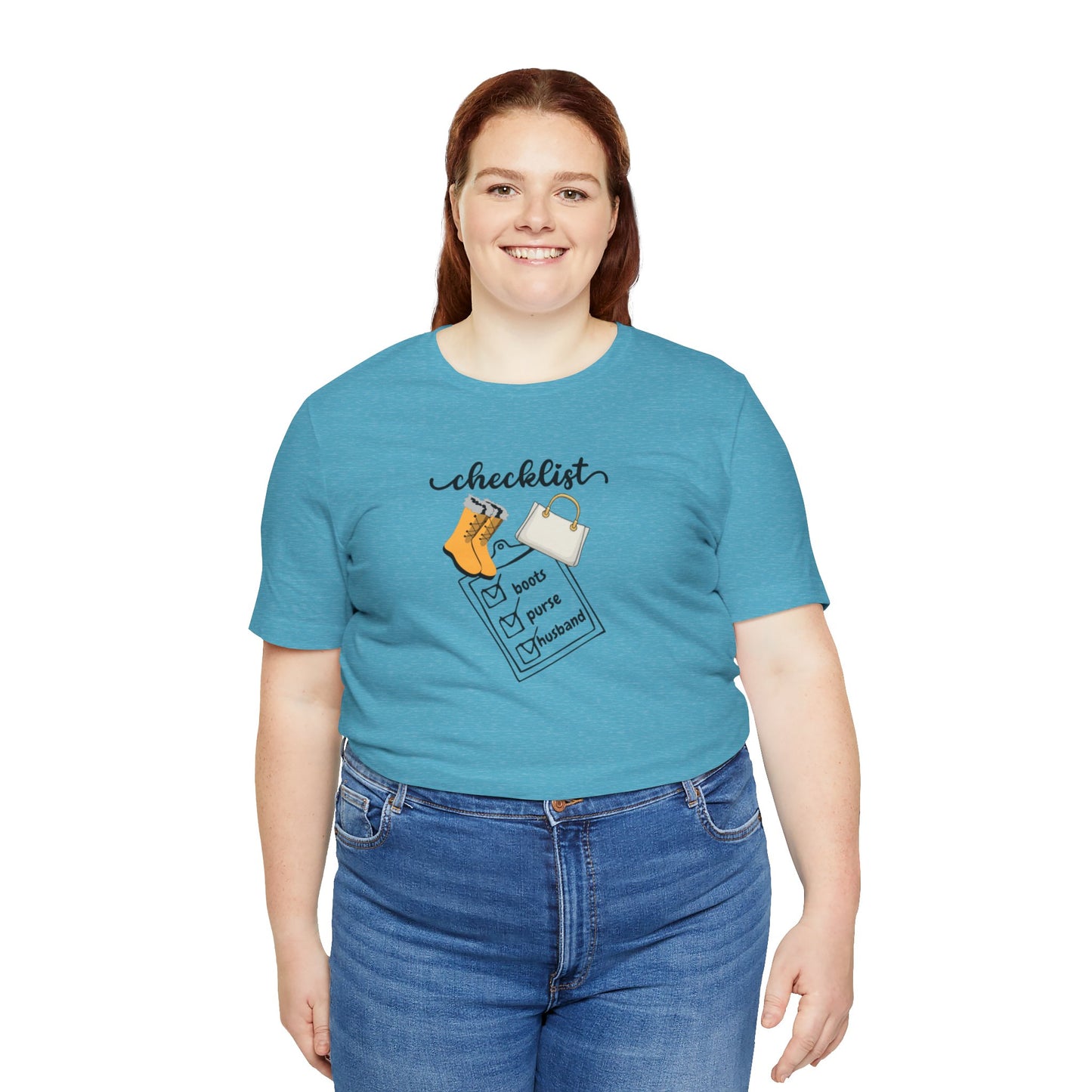 Wife Joke Checklist Tee - 'Checklist: Boots, Purse, Husband' Graphic T-Shirt Christmas Gift
