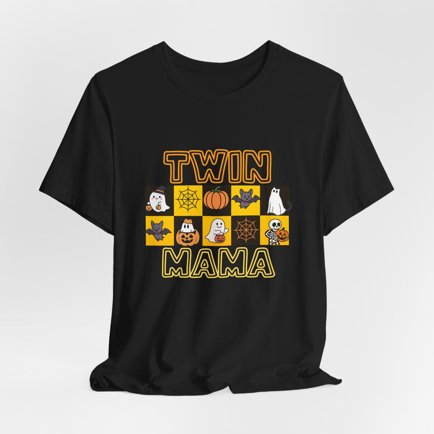 Twin Mama Halloween Tee – Cute Spooky Checkerboard Shirt for Twin Moms