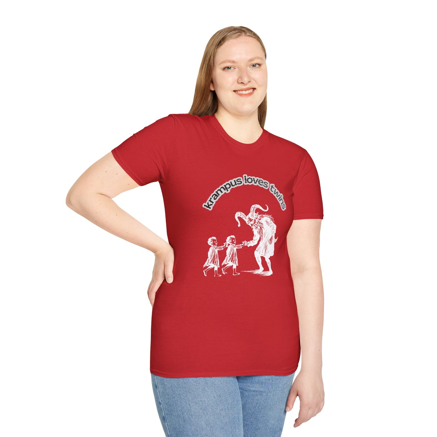 Krampus Loves Twins- Horror Theme Twin Parent Shirt — Funny Gothic Holiday Tee