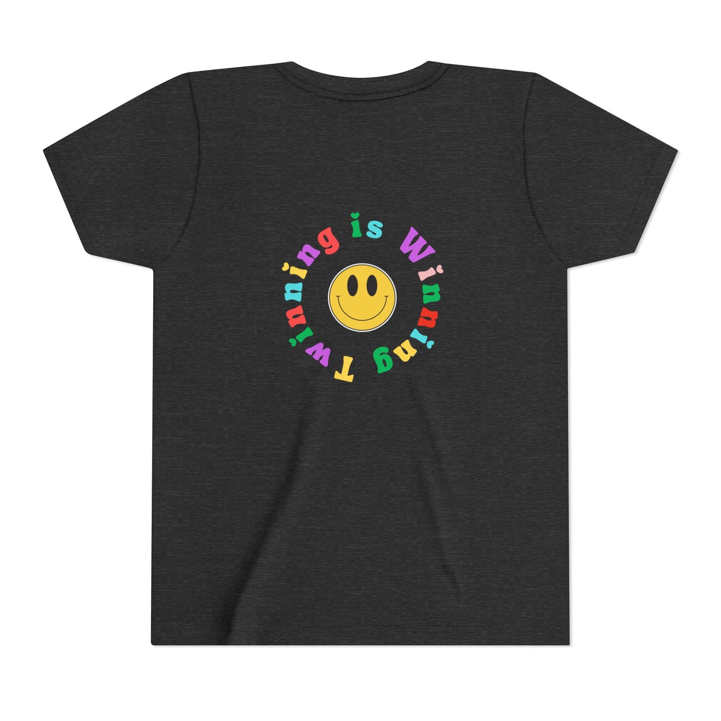 Twin Gymnastics Tee- Front and Back Retro Smiley Face Designs — 'Twinning is Winning' Rainbow