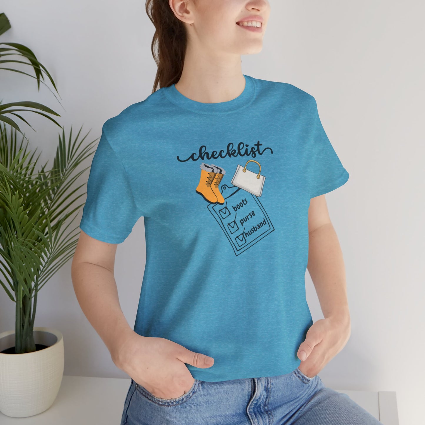 Wife Joke Checklist Tee - 'Checklist: Boots, Purse, Husband' Graphic T-Shirt Christmas Gift