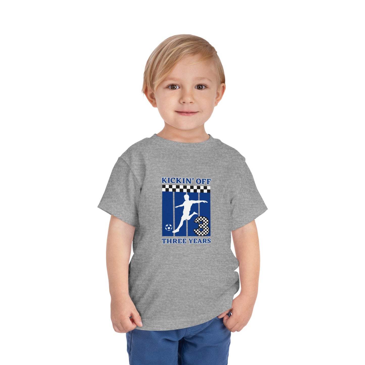 Kickin' Off Three Years Toddler Boy Tee — Soccer Third Birthday Shirt