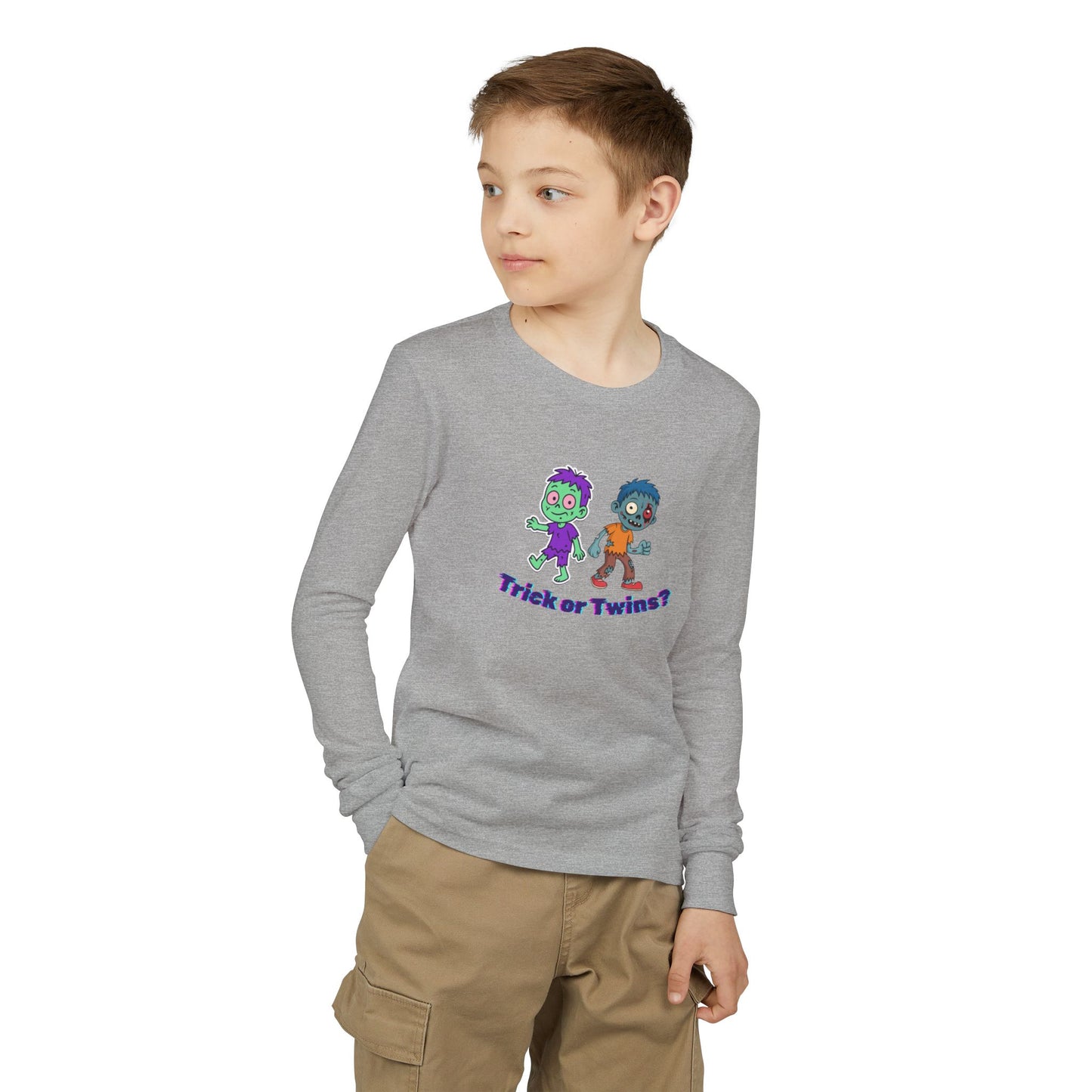Youth Long Sleeve Tee — "Trick or Twins?" Cute Halloween Twin Zombie Graphic