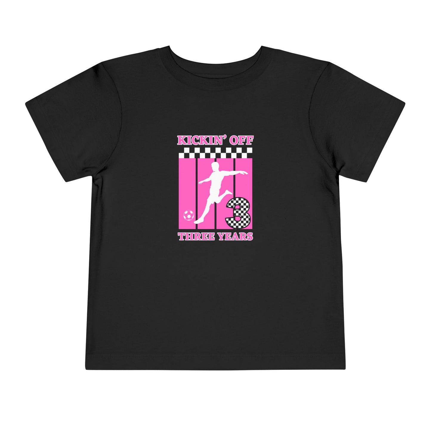 Toddler Girls Soccer Third Birthday Tee — "Kickin' Off Three Years" Pink