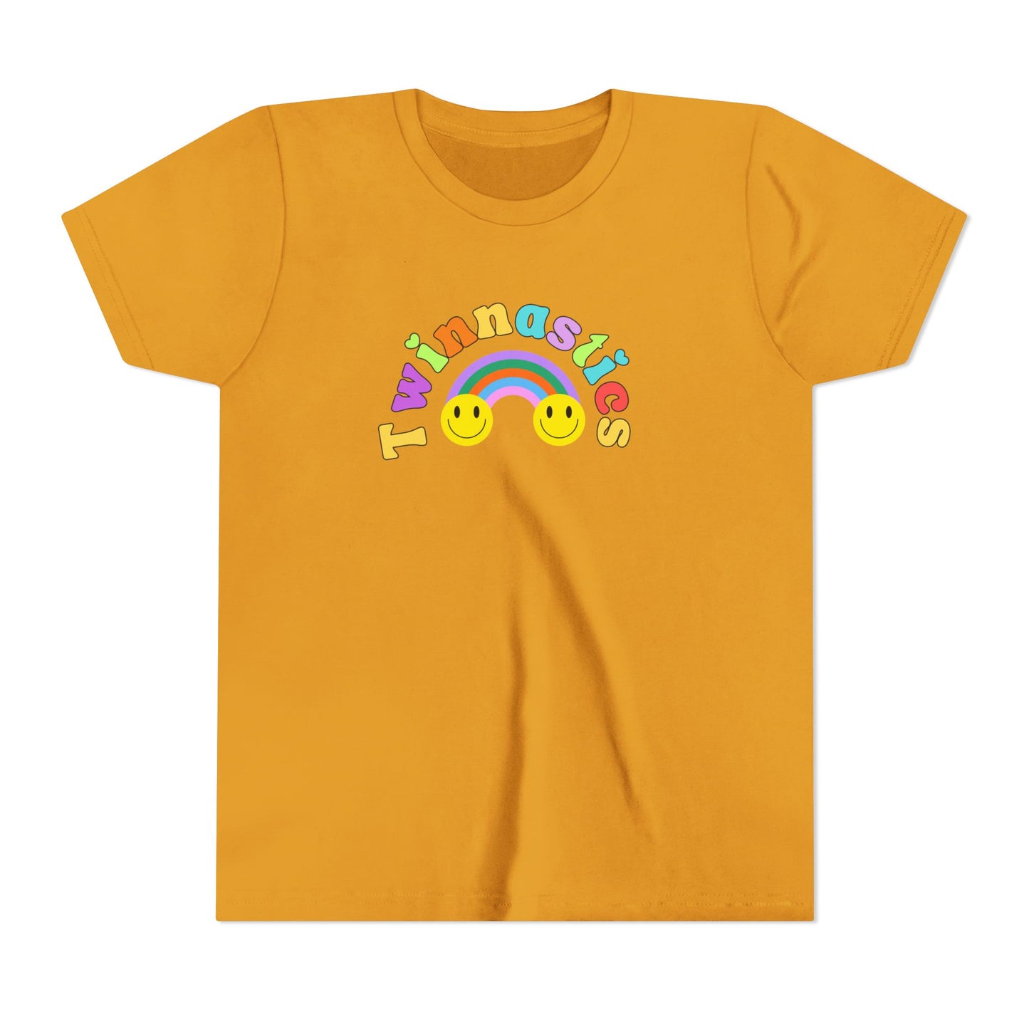 Twin Gymnastics Tee- Front and Back Retro Smiley Face Designs — 'Twinning is Winning' Rainbow