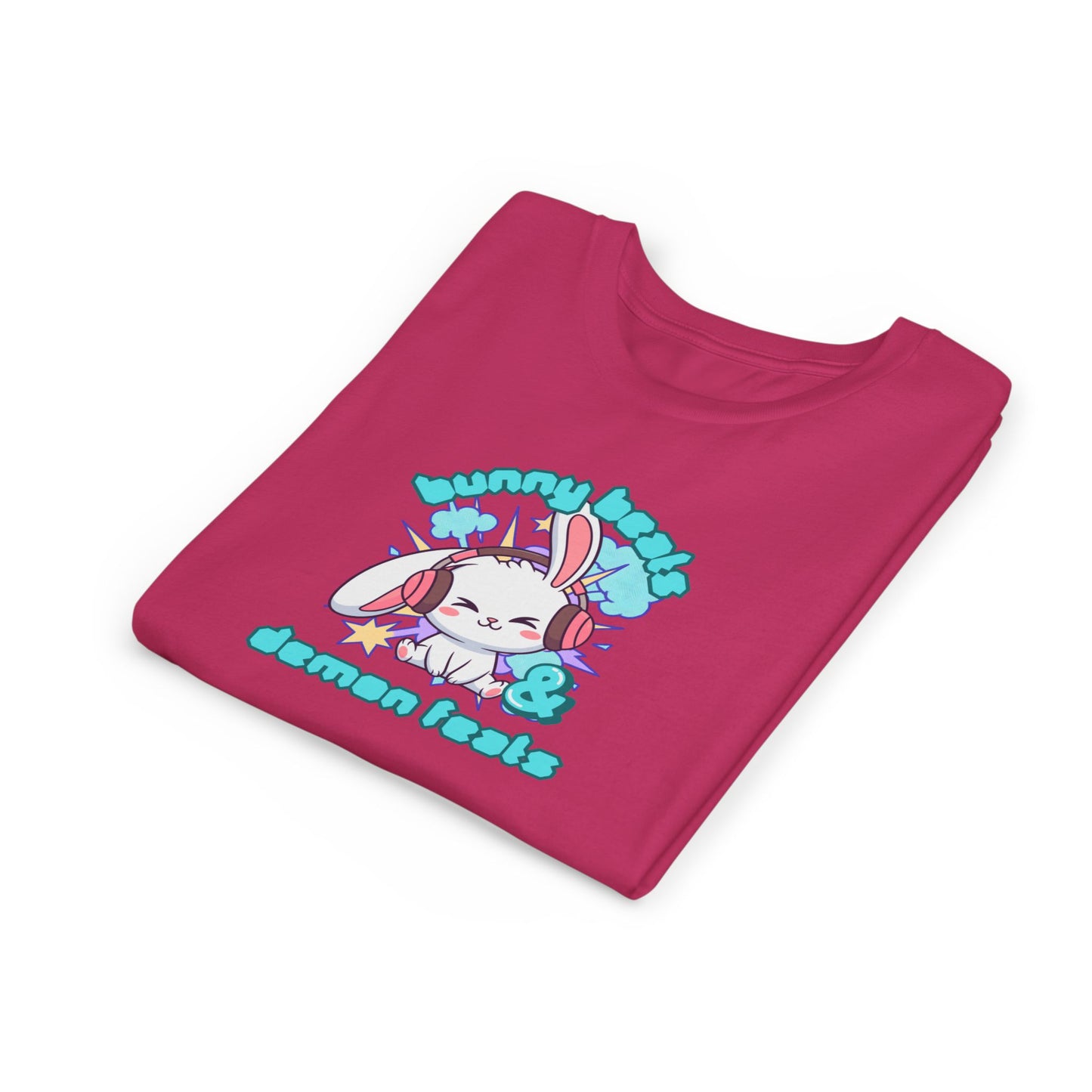 Cute Easter Bunny Headphones Graphic Tee for Young Adults- "Bunny Beats and Demon Feats" Anime K-pop Shirt