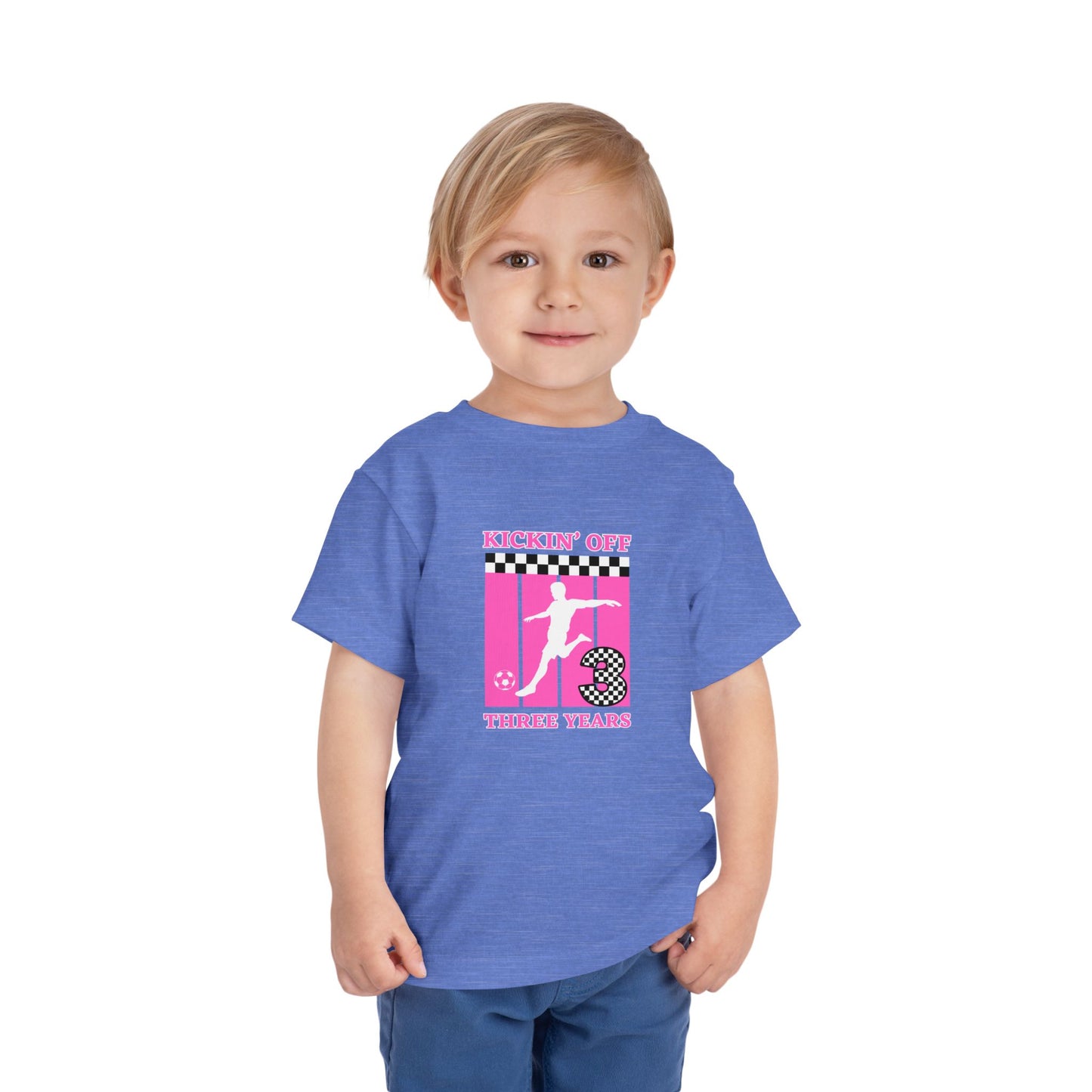 Toddler Girls Soccer Third Birthday Tee — "Kickin' Off Three Years" Pink