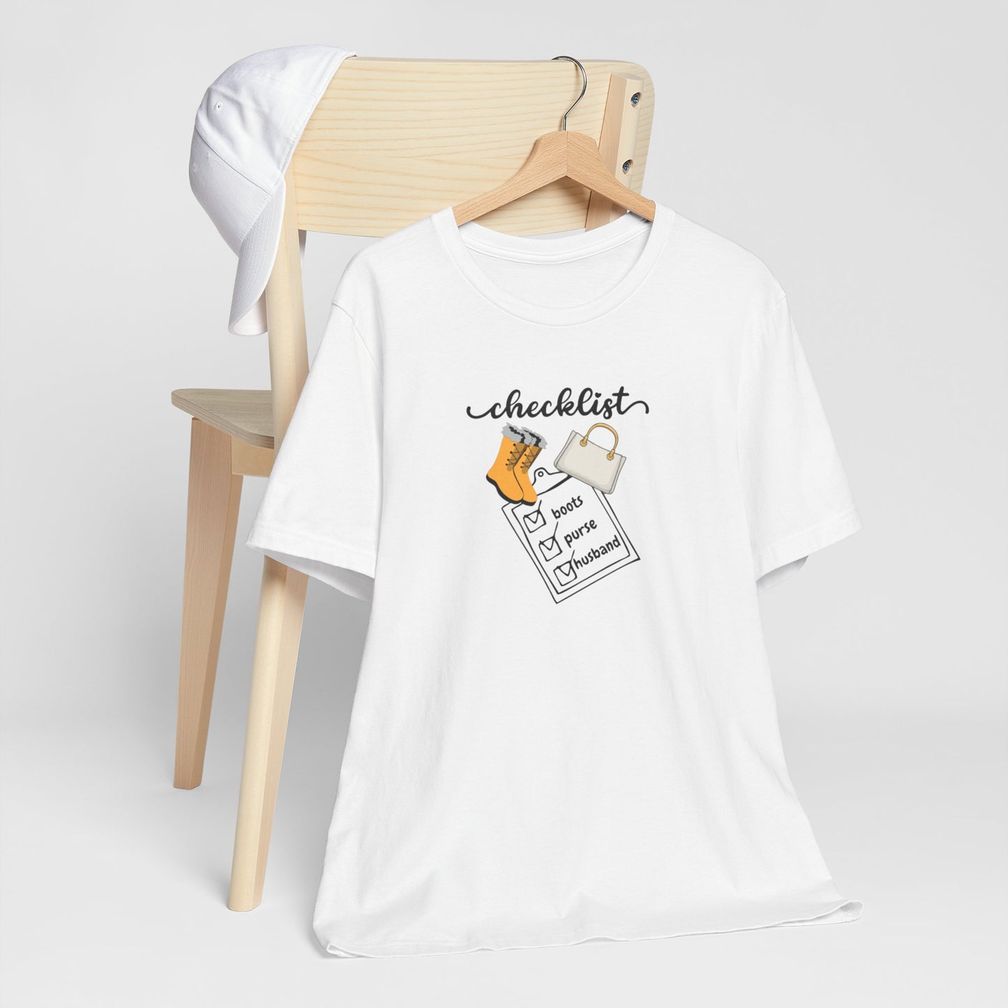 Wife Joke Checklist Tee - 'Checklist: Boots, Purse, Husband' Graphic T-Shirt Christmas Gift