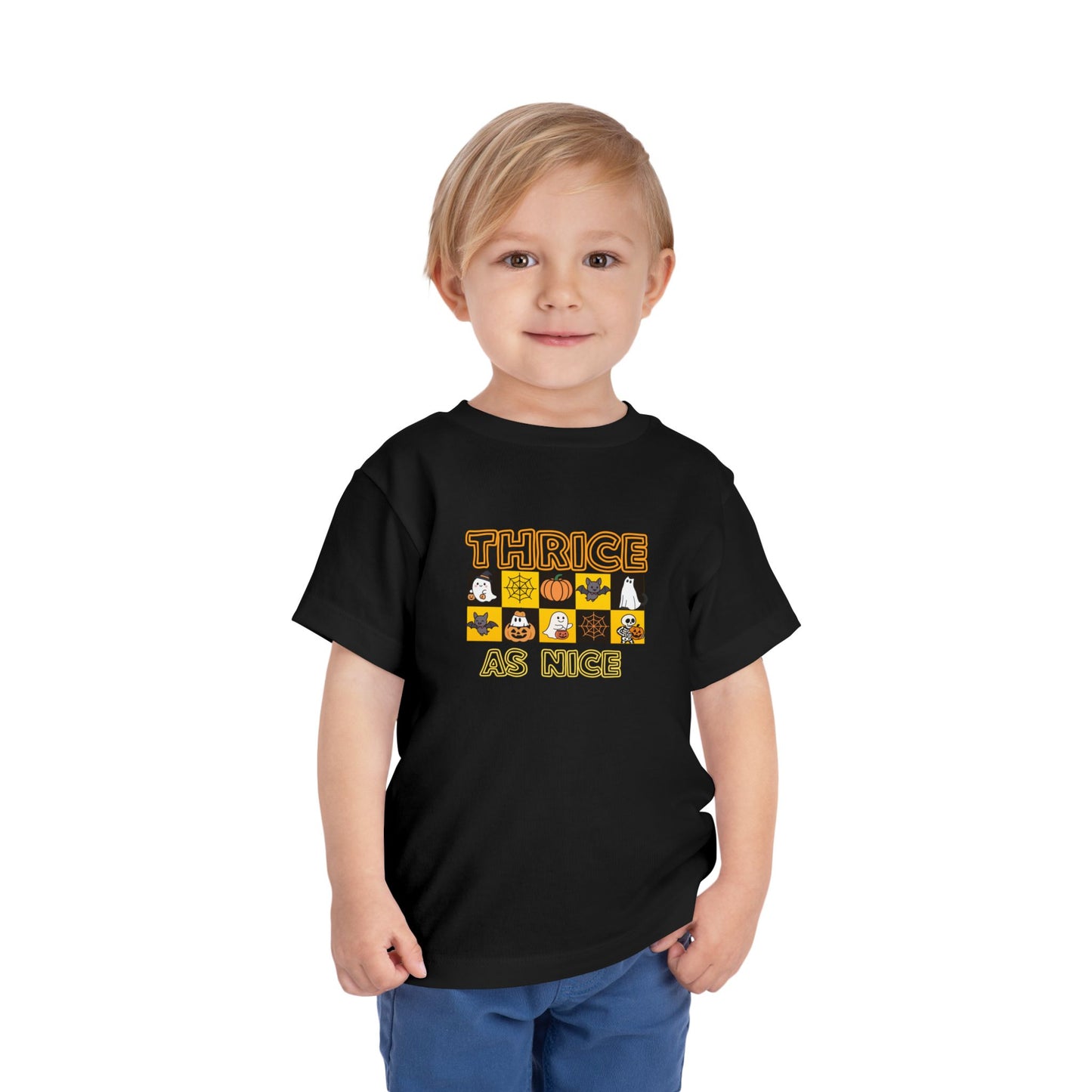 Triplet Halloween Matching Tee — "Thrice As Nice" Cute Checkerboard Fall Graphic (2 to 5 years)