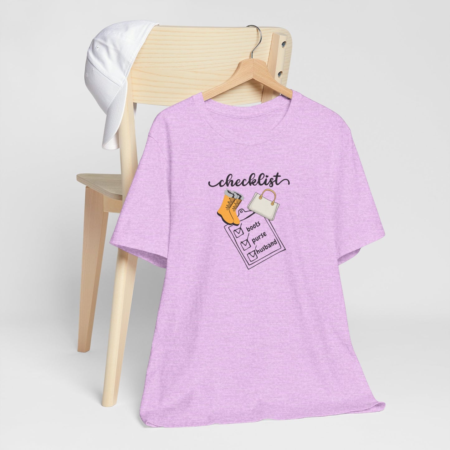 Wife Joke Checklist Tee - 'Checklist: Boots, Purse, Husband' Graphic T-Shirt Christmas Gift