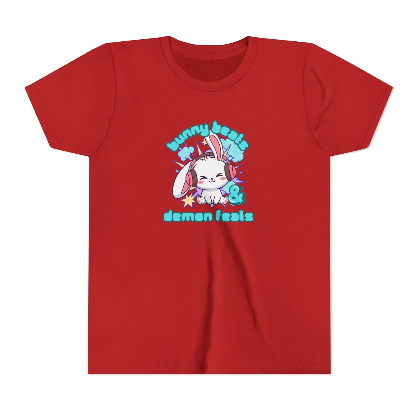 Cute Easter Bunny Headphones Graphic Tee for Young Adults- "Bunny Beats and Demon Feats" Anime K-pop Shirt