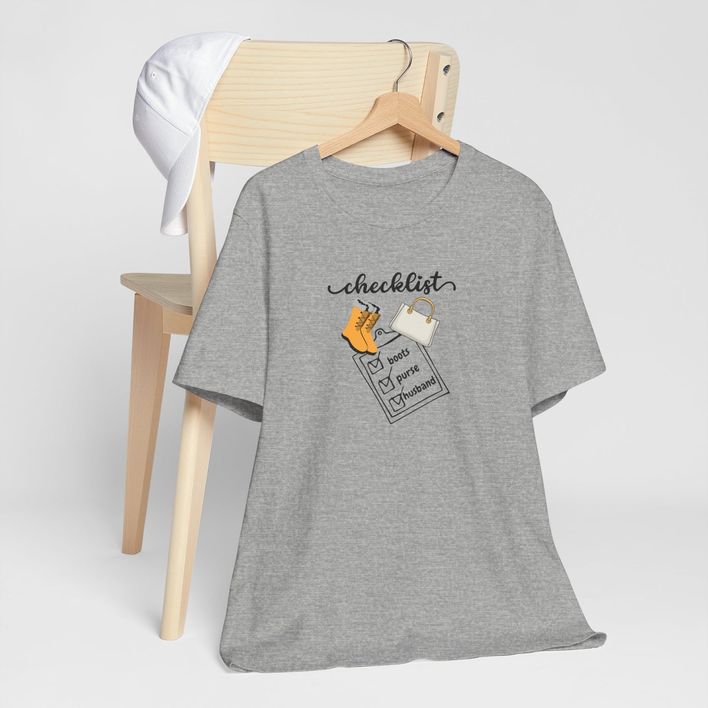 Wife Joke Checklist Tee - 'Checklist: Boots, Purse, Husband' Graphic T-Shirt Christmas Gift
