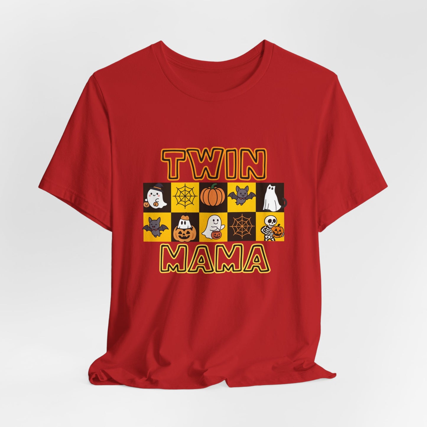 Twin Mama Halloween Tee – Cute Spooky Checkerboard Shirt for Twin Moms