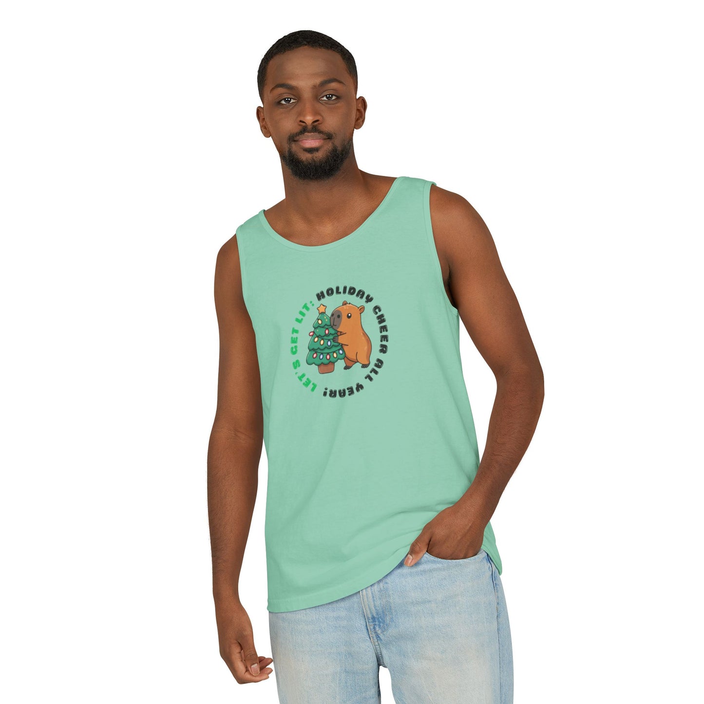 Unisex Holiday Cheer Tank Top — "Get Lit" Christmas Tree & Capybara Graphic