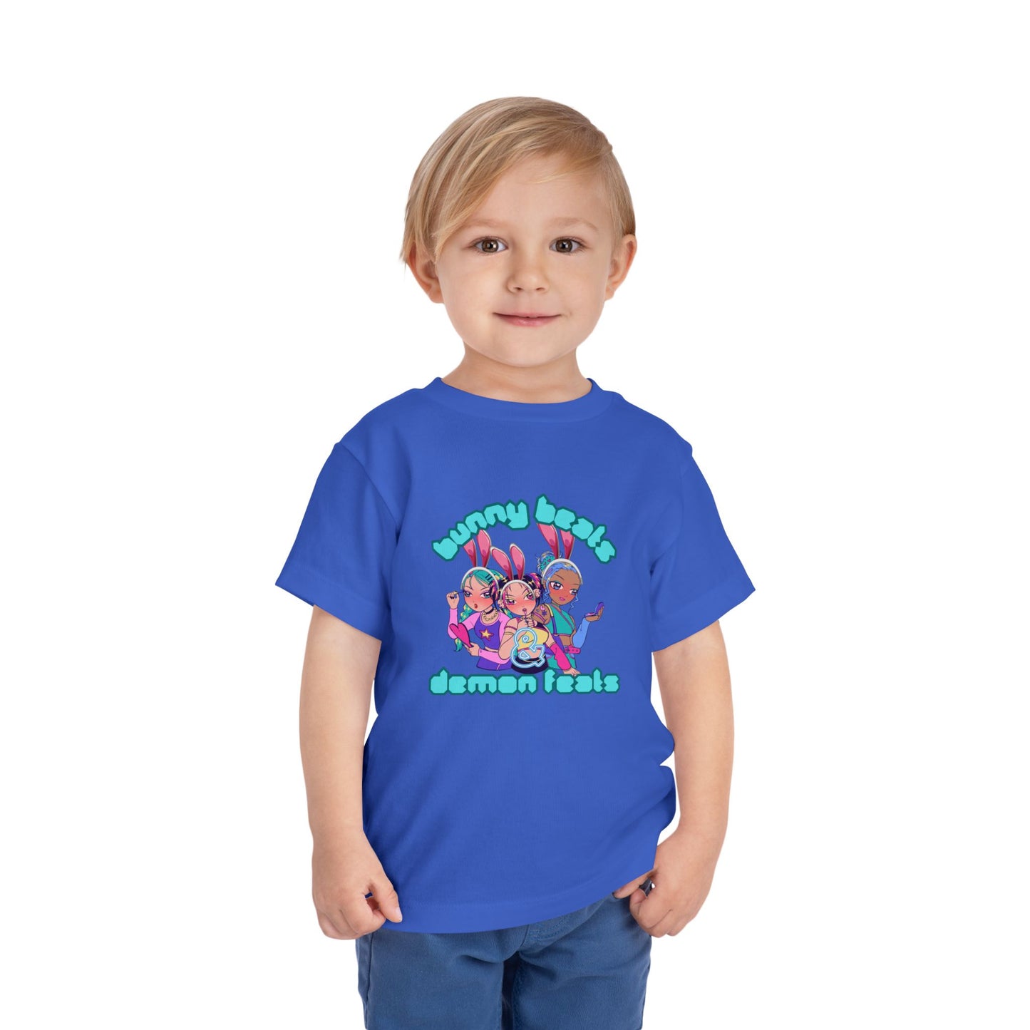 Kids 2-5 years K-Pop Anime Easter Tee - "bunny beats and demon feats" slogan