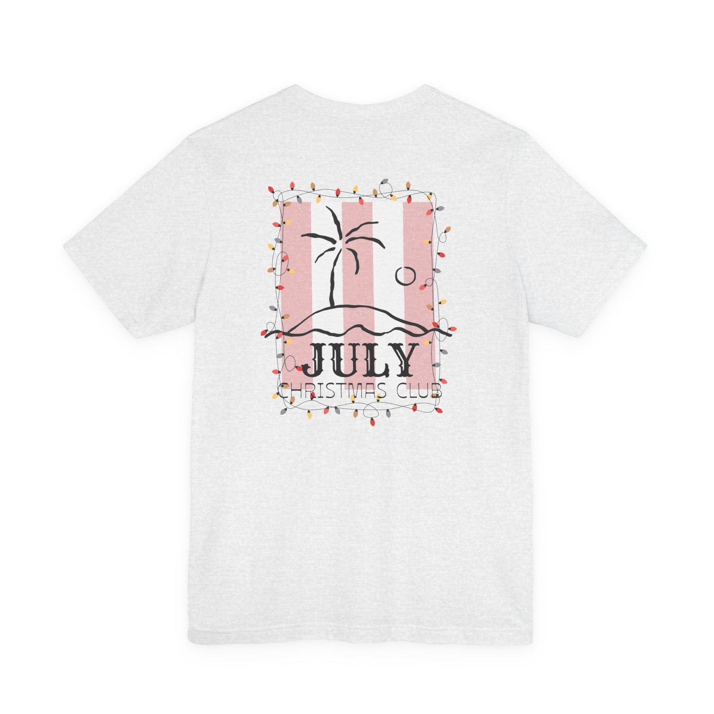 July Christmas Club — Tropical Palm & Holiday Lights Beach Shirt- FRONT AND BACK DESIGN