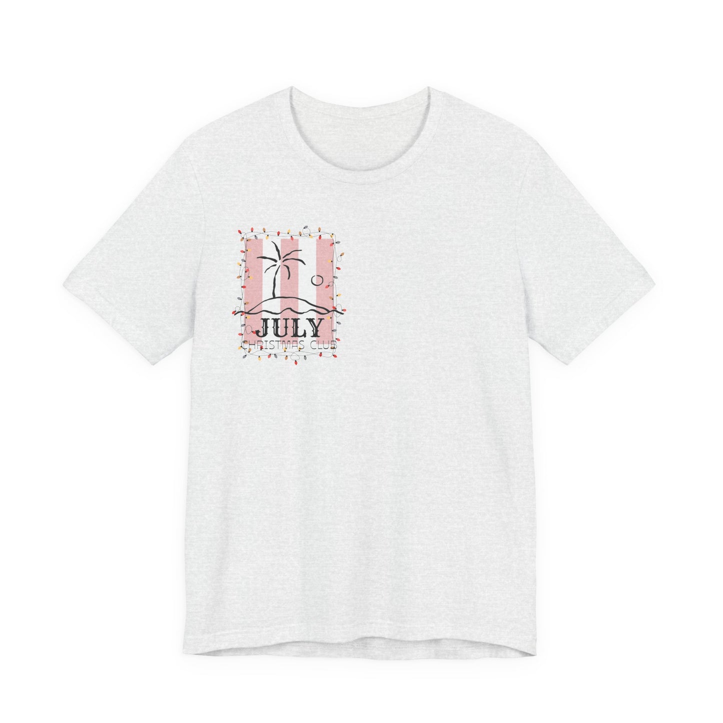 July Christmas Club — Tropical Palm & Holiday Lights Beach Shirt- FRONT AND BACK DESIGN