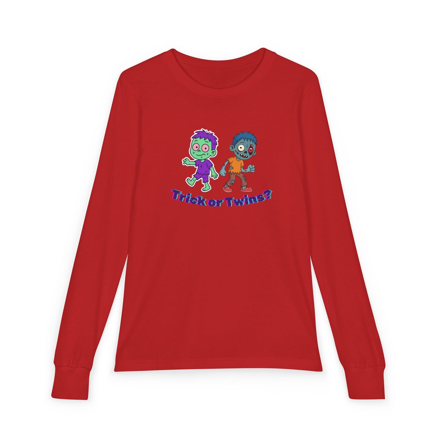 Youth Long Sleeve Tee — "Trick or Twins?" Cute Halloween Twin Zombie Graphic