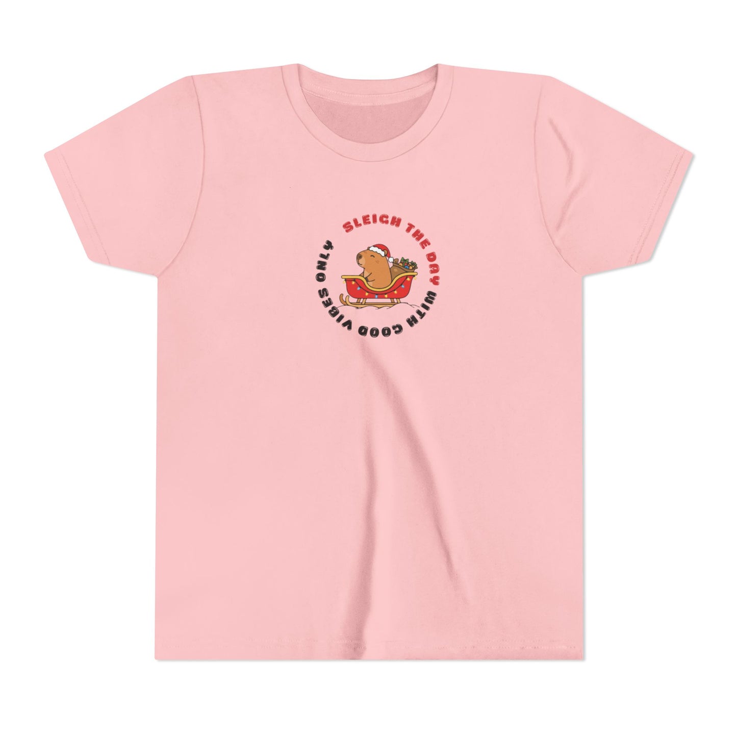 Youth Tee — 'Sleigh The Day' Capybara on Sled Christmas Shirt