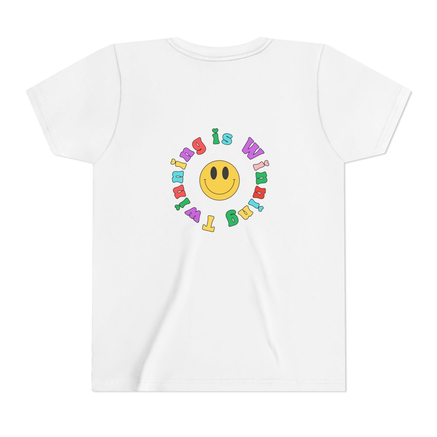 Twin Gymnastics Tee- Front and Back Retro Smiley Face Designs — 'Twinning is Winning' Rainbow