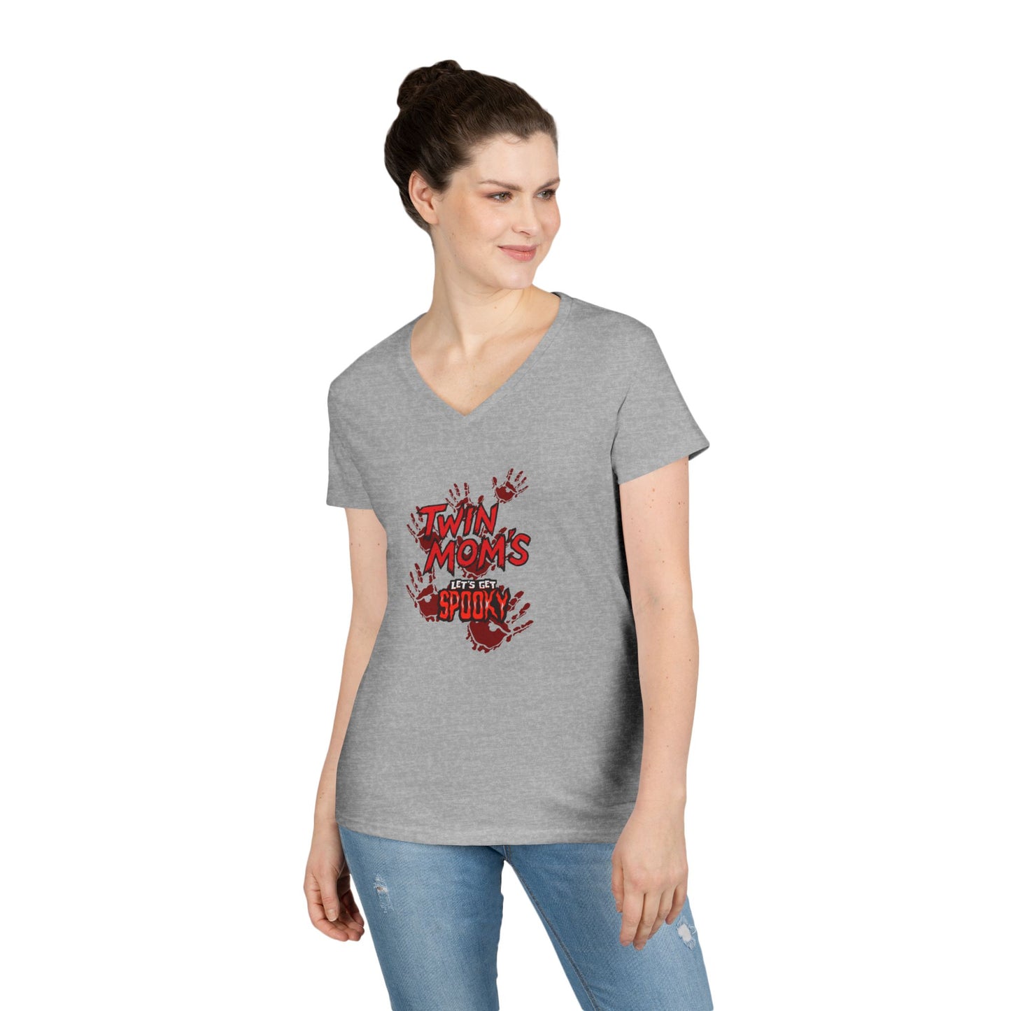 Twin Moms Get Spooky V-Neck Tee — Halloween Graphic T-Shirt for Twin Moms